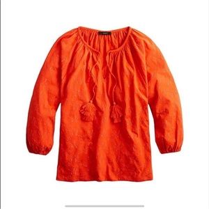 J Crew Women's Poppy Red Embroidered tassel-tie top